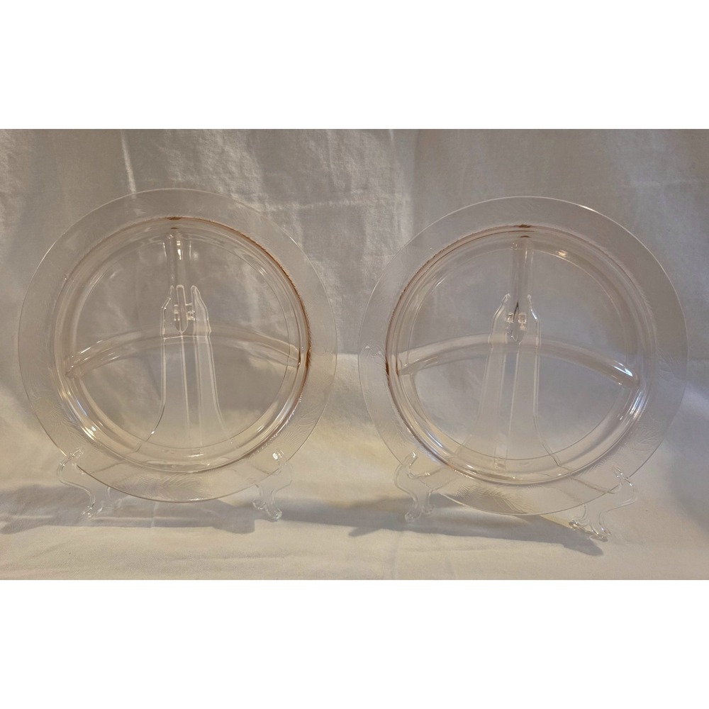 2 MacBeth Evans Thistle Pink Depression Glass 10.25" Divided Grill Plates 1929